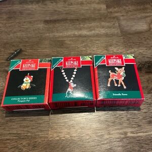 Set Of 3- Minature Keepsake Ornamnets- 1991 Penguin, Mouse, Deer- Hallmark